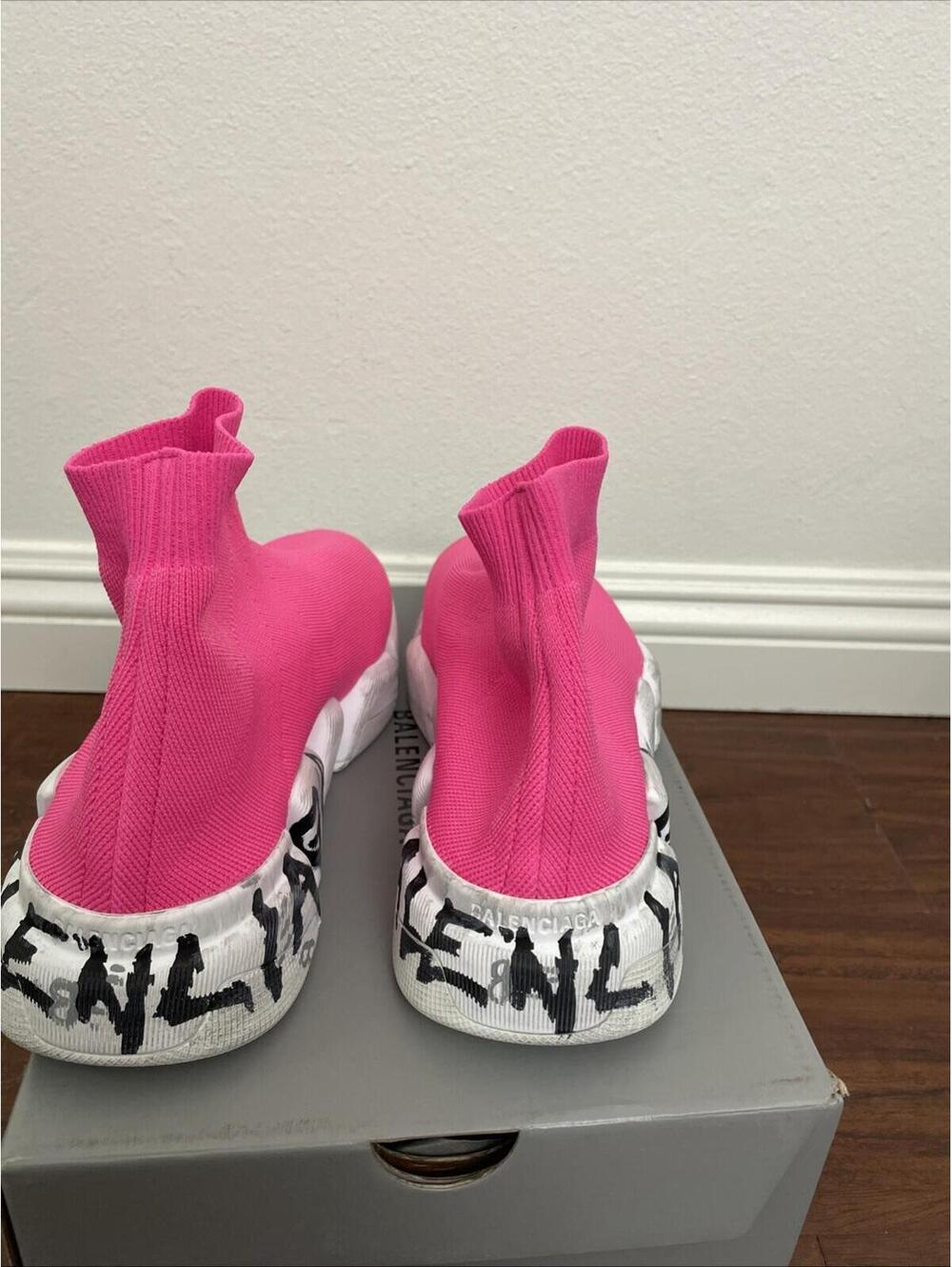BALENCIAGA Speed 2.0 Graffiti Stretch-Knit High-Top Sneakers fluo pink size 10 - Picture 10 of 12